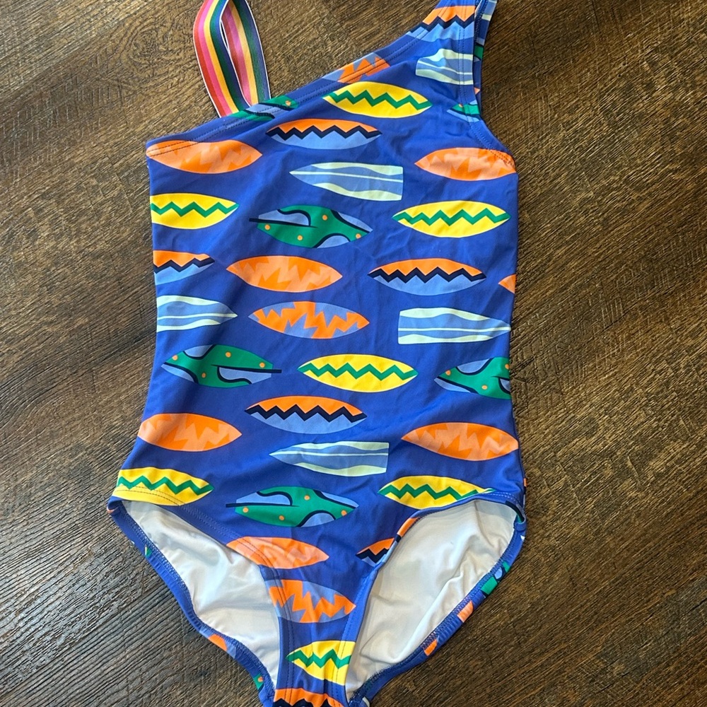 Hanna Andersson Blue One-Shoulder Surfboard Print Swimsuit